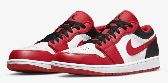 View red, black, and white Jordan shoes.